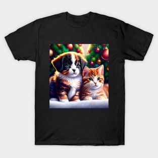 Cute puppy and cat under Christmas tree T-Shirt